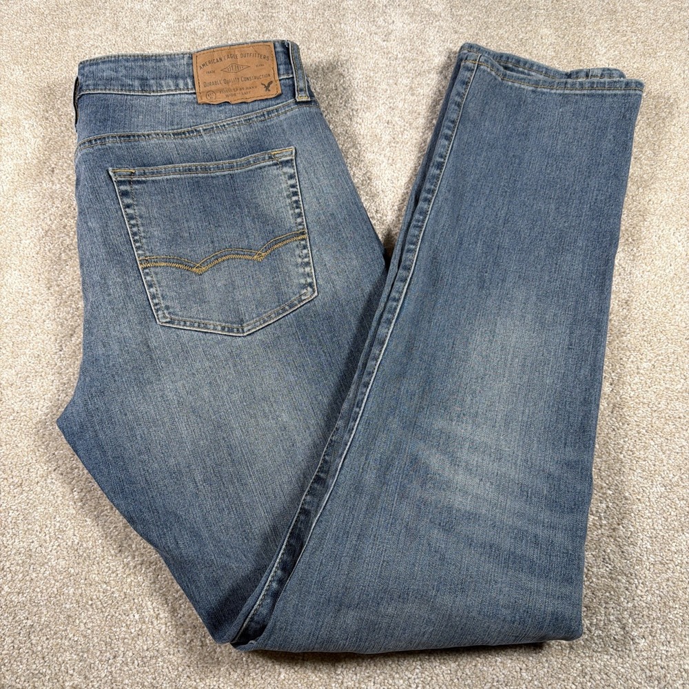 American‎ Eagle Mens Slim Straight Leg Blue Jeans 36 X 34 (FITS 35 X 33) Stretch